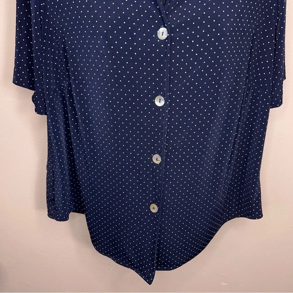 Vintage Medium Ronni Nicole Blue White Dot Print Short Sleeve Stretch Retro